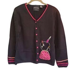 Michael Simon Vintage 2003 Y2K Sequin Beaded Purse Cardigan Pink and Black